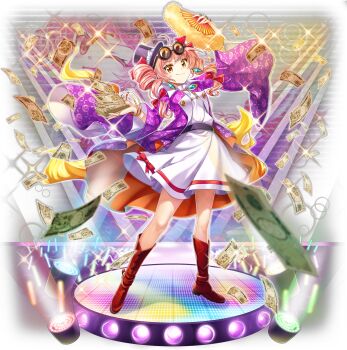 1girl black_hat boots bracelet brown_boots closed_mouth coat dress drill_hair earrings eyewear_on_head full_body game_cg hand_fan hat highres holding holding_fan jewelry long_hair looking_at_viewer money necklace official_art open_clothes orange_eyes orange_hair purple_coat ring rotte_(1109) round_eyewear smile solo sunglasses third-party_source top_hat touhou touhou_lostword twin_drills white_dress wide_sleeves yellow_eyes yorigami_jo'on