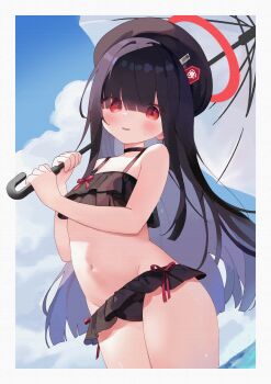1girl absurdres bikini black_bikini black_choker black_hair black_hat blue_archive blunt_bangs blush border choker cloud cloudy_sky cowboy_shot day dutch_angle frilled_bikini frills halo hat highres holding holding_umbrella ichibanboshi_yuzu justice_task_force_member_(blue_archive) loli long_hair looking_at_viewer open_mouth outdoors red_eyes red_halo red_ribbon ribbon sky solo standing sweat swept_bangs swimsuit thighs umbrella wavy_mouth white_border