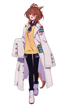 1girl :d agnes_tachyon_(tach-nology)_(umamusume) agnes_tachyon_(umamusume) ahoge animal_ears black_necktie black_pantyhose black_shirt boots coat collared_shirt commentary_request doggwa double-parted_bangs full_body hair_between_eyes highres horse_ears horse_girl horse_tail korean_commentary lab_coat long_sleeves looking_at_viewer medium_hair necktie open_mouth pantyhose red_eyes shirt short_necktie sidelocks sleeves_past_fingers sleeves_past_wrists smile solo standing sweater tail test_tube umamusume white_boots white_coat yellow_sweater