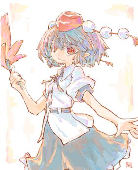 Rule 34 | 1girl, black skirt, breasts, brown hair, collared shirt, commentary, frilled skirt, frills, hat, hauchiwa, highres, holding, looking at viewer, medium hair, missing wings, pointy ears, pom pom (clothes), puffy short sleeves, puffy sleeves, red eyes, red hat, ringed eyes, shameimaru aya, shirt, short sleeves, skirt, small breasts, solo, tokin hat, touhou, white shirt, yamasina009