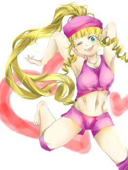 Rule 34 | 1girl, beret, blonde hair, breasts, dixie kong, donkey kong (series), earrings, green eyes, hat, jewelry, long hair, looking at viewer, mpvdias, navel, nintendo, open mouth, personification, pink hat, ponytail, shirt, simple background, smile, solo, tied shirt