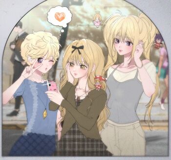 Rule 34 | 6+girls, black suit, blonde hair, blunt bangs, blush, commentary request, dress, el (shugo chara!), formal clothes, guardian chara, halo, hand on own cheek, hand on own face, heart, highres, holding, holding phone, hoshina utau, il (shugo chara!), jewelry, knn nabi, korean commentary, kusu kusu (shugo chara!), long hair, mashiro rima, mini person, minigirl, multiple girls, one eye closed, outdoors, pendant, phone, pointy ears, purple hair, short hair, shugo chara!, smile, sugar sugar rune, suit, twintails, v, vanilla mieux, wings