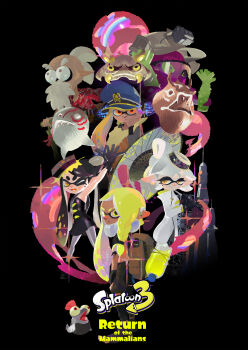 1boy 4girls absurdres agent_3_(splatoon) agent_3_(splatoon_3) arm_up backpack bag bandaged_arm bandages beard behind-the-head_headphones black_background black_dress black_footwear black_gloves black_hair black_pants black_shirt blonde_hair blue_hat bow-shaped_hair braid brown_eyes callie_(splatoon) cane cap'n_cuttlefish captain_3_(splatoon) closed_mouth coat copyright_name dj_octavio dress earclip earrings eyebrow_cut facial_hair fangs food food_on_head gloves gradient_hair grey_hair grey_pantyhose grey_shirt hat headphones highres holding holding_umbrella inkling inkling_girl inkling_player_character inoue_seita jewelry logo long_hair long_sleeves looking_at_viewer marie_(splatoon) mask mole mole_under_eye multicolored_hair multiple_girls nintendo object_on_head official_art oil-paper_umbrella one_eye_closed open_mouth orange_eyes pants pantyhose patchwork_clothes peaked_cap pointy_ears protected_link red_shirt second-party_source shirt short_hair simple_background single_braid sleeveless sleeveless_shirt smallfry_(splatoon) smile splatoon_(series) splatoon_3 star-shaped_pupils star_(symbol) strapless strapless_dress sushi swept_bangs symbol-shaped_pupils tentacle_hair thick_eyebrows torn_clothes torn_shirt umbrella white_coat white_hair yellow_eyes