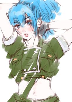 Rule 34 | 1girl, arms behind head, commentary request, delarocha82, eyelashes, gloves, green jacket, green shorts, highres, jacket, leona heidern, midriff, military uniform, navel, ponytail, short sleeves, shorts, simple background, soldier, solo, suspenders, the king of fighters, the king of fighters xv, white background