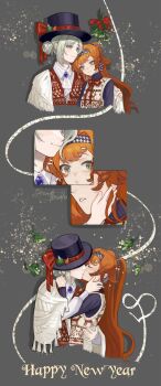 Rule 34 | 2girls, alternate costume, ascot, black hat, bow, checkered hairband, collared shirt, cropped torso, green eyes, grey background, grey eyes, grey hair, hair bun, hairband, hand on another's shoulder, happy new year, hat, hat bow, highres, hug, kiss, long hair, multiple girls, mutual hug, neck ribbon, new year, orange hair, procreate (medium), purple shirt, red bow, red ribbon, red vest, reverse:1999, ribbon, sandkessho, shirt, short hair, single side bun, smile, sonetto (reverse:1999), two side up, upper body, vertin (reverse:1999), vest, white ascot, white shirt, white vest, yuri