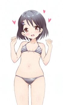 1girl bikini black_hair breasts brown_eyes gluteal_fold heart highres hitorilily idolmaster idolmaster_cinderella_girls idolmaster_cinderella_girls_u149 loli lowleg lowleg_bikini sasaki_chie short_hair simple_background small_breasts smile solo striped_bikini striped_clothes swimsuit w_arms white_background