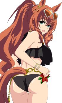 :d absurdres animal_ears ass bikini bracelet breasts brown_hair ear_ornament eyewear_on_head from_behind glasses green_eyes heart heart-shaped_eyewear highres horse_ears horse_girl horse_tail jewelry large_breasts long_hair looking_at_viewer maruzensky_(hot_summer_night)_(umamusume) maruzensky_(umamusume) official_alternate_costume oguricapuma1 open_mouth ponytail smile solo swimsuit tail umamusume wavy_hair white_background