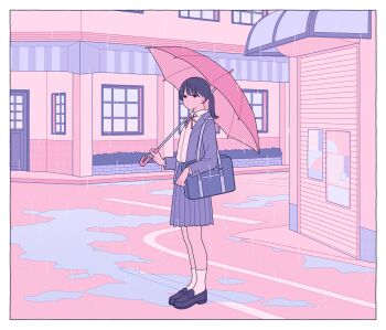 1girl bag black_hair black_shoes border building commentary full_body highres holding holding_umbrella jacket loafers long_sleeves looking_at_viewer neck_ribbon open_clothes open_jacket original outdoors pleated_skirt ponytail puddle purple_jacket purple_skirt rain ribbon school_bag school_uniform shi_oo shoes shoulder_bag skirt socks solo umbrella white_border white_socks