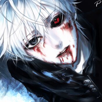 1boy black_sclera black_shirt blood blood_from_mouth colored_sclera grey_eyes highres kaneki_ken looking_at_viewer male_focus pale_skin philip_c red_eyes shirt short_hair solo tokyo_ghoul white_background white_hair