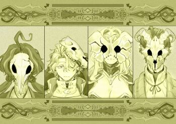 1boy 3girls absurdres ahoge antenna_hair badatthings bird_mask black_hair blindfold_mask blonde_hair breasts butterfly_mask cleavage covered_eyes curiambro_(project_moon) don_quixote_(project_moon) dress dulcinea_(project_moon) facing_viewer feather_boa goat_mask hair_over_one_eye hair_slicked_back highres limbus_company limited_palette long_hair looking_at_viewer mask mask_on_head multicolored_hair multiple_girls nicolina_(project_moon) plague_doctor_mask project_moon red_eyes sancho_(project_moon) skull_mask stitches stole streaked_hair twintails very_long_hair