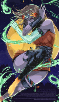 1girl ancient_greek_clothes asymmetrical_arms blonde_hair bone glowing_arm greco-roman_clothes hades_(series) hades_2 highres jhony_caballero laurel_crown melinoe_(hades) mismatched_sclera moon red_eyes see-through_body sickle skeletal_arm