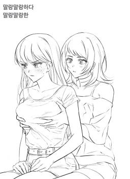 2girls bang_dream! bang_dream!_it&#039;s_mygo!!!!! belt blush breasts choker closed_mouth eoljukko greyscale groping highres korean_text long_hair medium_breasts medium_hair monochrome multiple_girls off-shoulder_shirt off_shoulder shiina_taki shirt short_sleeves translation_request yahata_umiri yuri