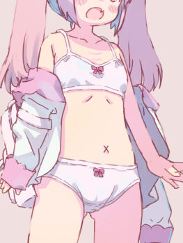 1girl akayama_yukihe blush bow bow_bra bow_panties bra breasts fang gluteal_fold head_out_of_frame highres jacket loli long_hair navel off_shoulder open_clothes open_jacket open_mouth original panties pink_hair small_breasts solo stomach thighs training_bra twintails underwear white_bra white_jacket white_panties