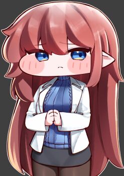 1girl :< absurdres adapted_costume black_pantyhose black_skirt blue_eyes blue_sweater blush brown_hair cable_knit chibi chibi_only closed_mouth commentary_request cowboy_shot elena_(trickcal) elf grey_background highres jacket korean_commentary long_hair long_sleeves looking_to_the_side open_clothes open_jacket own_hands_together pantyhose pencil_skirt pointy_ears pyeong_il ribbed_sweater simple_background skirt solo sweater trickcal turtleneck turtleneck_sweater white_jacket