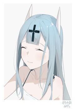 1girl ^_^ azur_lane bare_shoulders blue_hair border breasts champagne_(azur_lane) chinese_commentary closed_eyes closed_mouth collarbone commentary_request cross cross_hair_ornament dated dress hair_ornament highres horns long_hair ping_zhong_yu signature small_breasts smile solo spaghetti_strap upper_body white_border white_dress white_horns