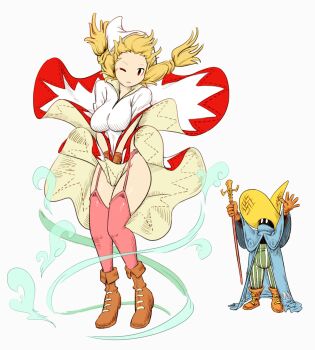 1girl absurdres arms_up between_legs black_mage black_mage_(fft) black_mage_(final_fantasy) boots brown_footwear brown_gloves covering_crotch covering_privates final_fantasy final_fantasy_tactics garter_belt garter_straps gloves hand_between_legs hat highres hood mage_staff magic minuspal no_panties one_eye_closed pants robe robe_lift staff striped_clothes striped_pants thighhighs twintails white_mage white_mage_(fft) white_mage_(final_fantasy) wind wind_lift wizard_hat