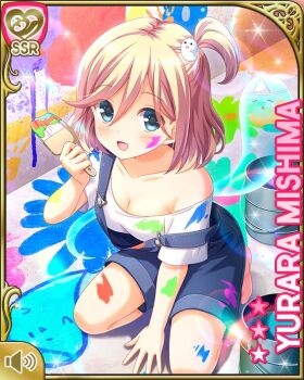 1girl :d barefoot blonde_hair blue_shorts breasts card_(medium) cleavage collarbone day denim denim_shorts ghost girlfriend_(kari) grey_eyes kneeling looking_at_viewer medium_breasts mishima_yurara official_art open_mouth outdoors paint paintbrush painting qp:flapper shirt short_hair shorts side_ponytail smile solo sparkle suspenders tagme volume_symbol white_shirt