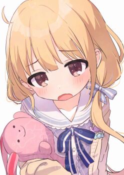 1girl :o blonde_hair blue_dress blue_ribbon blush cardigan commentary_request dress frilled_sailor_collar frills furrowed_brow futaba_anzu hair_ribbon highres idolmaster idolmaster_cinderella_girls neck_ribbon potarou_pomi ribbon sailor_collar simple_background solo stuffed_animal stuffed_rabbit stuffed_toy watermark white_background white_sailor_collar yellow_cardigan