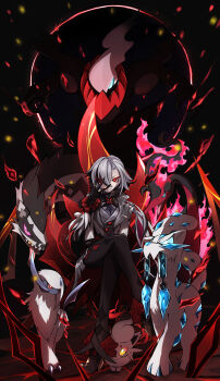 Rule 34 | 1girl, absol, absurdres, arlecchino (genshin impact), black background, black gloves, chien-pao, closed mouth, commentary request, crossed legs, crossover, darkrai, galarian form, galarian moltres, gen 3 pokemon, gen 4 pokemon, gen 8 pokemon, genshin impact, gloves, grey hair, hair between eyes, highres, hisuian zorua, legendary pokemon, long hair, looking at viewer, mythical pokemon, nintendo, obstagoon, ocha2 22, pokemon, pokemon (creature), red eyes, sitting, symbol-shaped pupils