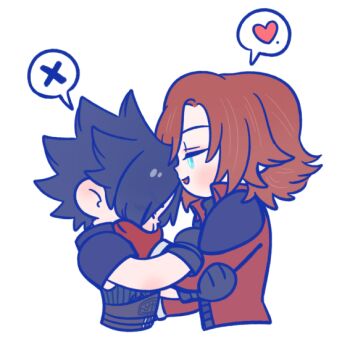 105zz 2boys aqua_eyes armor belt black_hair brown_belt brown_gloves brown_hair chibi chibi_only coat commentary_request crisis_core:_final_fantasy_vii cropped_torso final_fantasy final_fantasy_vii genesis_rhapsodos gloves hand_on_another&#039;s_face heart holding_another&#039;s_arm medium_hair multiple_belts multiple_boys open_mouth parted_bangs pauldrons red_coat red_gloves short_hair shoulder_armor sleeveless sleeveless_turtleneck smile spoken_heart spoken_x suspenders turtleneck white_background yaoi zack_fair