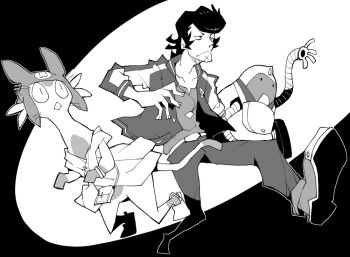 Rule 34 | 3boys, alien, dandy (space dandy), dowman sayman, meow (space dandy), monochrome, multiple boys, qt (space dandy), robot, space dandy