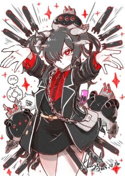 Rule 34 | 1girl, abyssal ship, bag, black dress, black jacket, colored skin, commentary request, cowboy shot, dress, enemy lifebuoy (kancolle), glowing, glowing eye, hair over one eye, heart, heart-shaped pupils, hi ye, horns, jacket, kantai collection, official alternate costume, outstretched arms, pale skin, ra-class destroyer, ra-class destroyer alpha, red eyes, red shirt, shirt, shoulder bag, simple background, symbol-shaped pupils, torpedo, white background, white skin