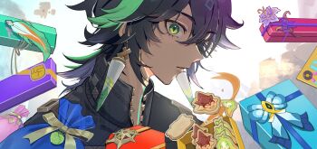 1boy amaguri_ya black_hair black_shirt blush box collared_shirt commentary_request cookie eyelashes feathers flower food genshin_impact gift gift_box green_eyes green_hair highres kinich_(genshin_impact) male_focus multicolored_hair parted_lips purple_flower ribbon shirt solo streaked_hair unzipped watermark wide-eyed yellow_ribbon zipper