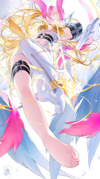 1girl aiming angel angel_wings angewomon anklet artist_logo asymmetrical_clothes bare_shoulders barefoot belt black_belt blonde_hair bodysuit boobplate bow_(weapon) breastplate breasts chinese_commentary cleavage clothing_cutout commentary_request covered_eyes digimon digimon_(creature) elbow_gloves feathered_wings feet floating foot_focus foreshortening from_below full_body gloves hagoromo helmet helmet_over_eyes highres holding holding_bow_(weapon) holding_weapon holy_ring jewelry large_breasts legs logo long_hair mixed-language_commentary multiple_wings navel no_shoes o-ring o-ring_belt parted_lips shawl single_elbow_glove skindentation soles solo stomach stomach_cutout suaynnai_wanzi thigh_strap toenails toes weapon white_bodysuit white_gloves winged_helmet wings wrist_wings zipper