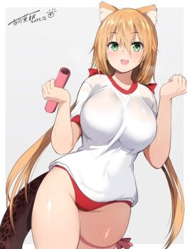 Rule 34 | 1girl, animal ears, blonde hair, blush, border, breasts, buruma, commentary request, cowboy shot, double-parted bangs, green eyes, grey background, gym uniform, hair between eyes, hands up, holding relay baton, large breasts, leg ribbon, long hair, looking at viewer, open mouth, original, outside border, pink ribbon, red buruma, relay baton, ribbon, shirt, smile, solo, sweat, tail, thigh ribbon, twintails, white border, white shirt, yoshikawa hideaki