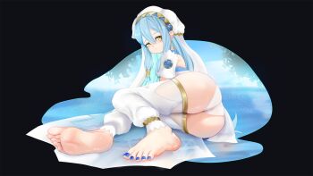 1girl ass azura_(fire_emblem) barefoot blue_hair blush feet fire_emblem fire_emblem_fates highres long_hair looking_at_viewer panties rancidronin soles toes underwear yellow_eyes
