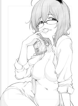 1girl ahoge arai_kazuki breasts candy cleavage collarbone collared_shirt commentary_request dagashi_kashi eating food glasses highres large_breasts long_sleeves looking_at_viewer monochrome navel nipples open_clothes open_mouth open_shirt over-rim_eyewear owari_hajime semi-rimless_eyewear shirt short_hair simple_background sitting solo stomach thighs