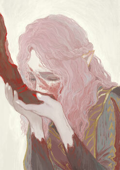 Rule 34 | 1boy, 1girl, absurdres, astarion, baldur's gate, baldur's gate 3, bleeding, blood, blood on face, curly hair, deep wound, dungeons & dragons, dungeons &amp; dragons, freckles, half-closed eyes, hetero, highres, holding hands, injury, kiss, kissing hand, kuzen, long hair, mourning, pale skin, pink hair, pointy ears, tav (baldur's gate), white background, zombie, zombification