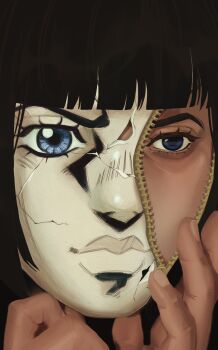 Rule 34 | 1boy, broken mask, bruno bucciarati, close-up, commentary, crack, cracked kawaii mask, cracked mask, cracked skin, english commentary, hand on own face, hands up, heart bandaid, highres, jojo no kimyou na bouken, male focus, mask, masked, mismatched eyes, portrait, vento aureo, zipper, zipper pull tab