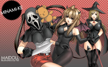3girls aged_up ahoge brown_eyes brown_hair cosplay demon_girl elbow_gloves fei_(maidoll) fujioka-kuma_(minami-ke) ghostface gloves halloween hat knife long_hair minami-ke minami_chiaki minami_haruka minami_kana multiple_girls polearm scream_(movie) spear stuffed_animal stuffed_toy teddy_bear thigh_gap thighhighs trident twintails weapon wings witch witch_hat