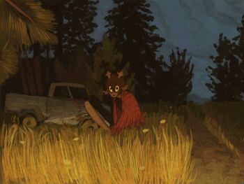 1girl animal_ears baseball_bat brown_hair car december_holiday decemberholigay deer_ears deer_girl deltarune furry furry_female grass highres holding holding_baseball_bat horns looking_at_viewer motor_vehicle outdoors path red_shirt road scenery shirt short_hair solo tree utdr_(toby_fox) wide-eyed