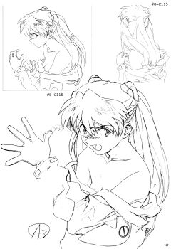 1girl artbook blush breasts dressing highres long_hair looking_at_viewer looking_away looking_back mecha_pilot_suit monochrome neon_genesis_evangelion nipples nude plugsuit_(evangelion) scan sequential souryuu_asuka_langley tsundere twintails upper_body white_background