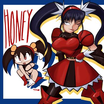 1girl armor armored_dress black_hair boots breasts brown_eyes character_name chibi detached_sleeves dress fighting_vipers gloves hairband hand_on_own_hip honey_(fighting_vipers) midriff navel one_eye_closed pachinko_blinco sega shoulder_pads simple_background skirt smile thigh_boots thong tongue tongue_out twintails wink