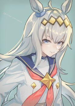 Rule 34 | 1girl, absurdres, ahoge, animal ears, blue eyes, blue sailor collar, brooch, closed mouth, commentary request, ear ornament, grey hair, hair between eyes, hair ornament, hairband, highres, horse ears, horse girl, jacket, jewelry, long hair, long sleeves, looking at viewer, multicolored hair, neckerchief, oguri cap (starlight beat) (umamusume), oguri cap (umamusume), red neckerchief, sailor collar, shirt, simple background, smile, solo, star brooch, takahisa ryo, umamusume, white jacket, white shirt