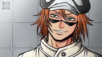 1boy commentary earrings green_hair hair_between_eyes hat highres jewelry jumpsuit looking_to_the_side male_focus mesukohi one_piece orange_hair shachi_(one_piece) short_hair smile solo sunglasses watermark white_jumpsuit