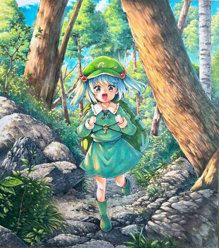 backpack bag commentary_request forest green_eyes hat highres holding kawashiro_nitori nature smile tatuhiro touhou tree walking