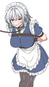 1girl absurdres apron arms_behind_back bdsm blue_skirt blue_vest blush bondage bound bound_arms bow braid breasts brown_pantyhose cloth_gag collar collared_shirt commentary commission frilled_skirt frills gag gagged green_bow green_necktie grey_hair hair_bow highres improvised_gag izayoi_sakuya large_breasts leash long_hair maid maid_headdress necktie pantyhose puffy_short_sleeves puffy_sleeves rise_(rise19851203) rope shirt short_sleeves simple_background skeb_commission skirt solo sweat touhou twin_braids vest waist_apron white_apron white_background white_shirt