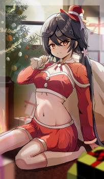 1girl absurdres allen_m._sumner_(azur_lane) alternate_costume arm_behind_back asagiri_rey azur_lane bag black_hair blush breasts carrying_over_shoulder christmas christmas_tree commentary_request crop_top detached_sleeves flower full_body hair_flower hair_ornament hairclip hand_up hat highres holding holding_bag indoors kneehighs long_hair looking_at_viewer mini_hat miniskirt navel pink_flower red_eyes red_hat red_skirt sitting skirt small_breasts smile socks solo stomach twintails very_long_hair