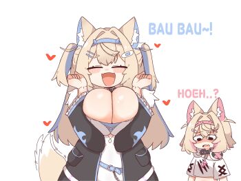 2girls absurdres animal_collar animal_ears bandaid bandaid_hair_ornament belt black_collar black_jacket blonde_hair blue_belt blue_hairband blush blush_stickers breast_envy breasts chain cleavage closed_eyes collar commentary cowboy_shot cropped_shirt crossed_bangs dog_ears dog_girl dog_tail english_text engrish_text facing_viewer fang fangs flat_chest fuwawa_abyssgard gem hair_between_eyes hair_intakes hair_ornament hairband hairclip happy headphones headphones_around_neck heart highres hololive hololive_english jacket large_breasts long_hair looking_down mococo_abyssgard multiple_girls no_nose open_mouth pink_hairband ranguage red_gem shirt short_eyebrows short_hair simple_background skin_fang skin_fangs solid_eyes tail tail_wagging tsurukieeeeeak virtual_youtuber white_background white_shirt x_hair_ornament
