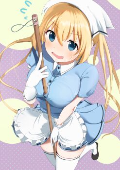 1girl absurdres apron black_shoes blend_s blonde_hair blue_dress blue_eyes blush breasts collared_dress commentary_request dress gloves highres hinata_kaho holding holding_mop large_breasts long_hair maid_apron mop nanafuku open_mouth polka_dot polka_dot_background shoes solo stile_uniform sweat thighhighs twintails waist_apron white_gloves white_thighhighs
