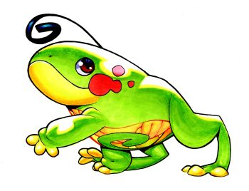 Rule 34 | absurdres, brown eyes, colored skin, frog, gen 2 pokemon, green skin, highres, looking at viewer, nintendo, no humans, pokemon, pokemon (creature), politoed, railroadlion, signature, simple background, solo, white background