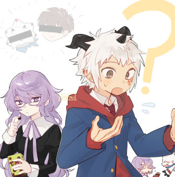 1boy 1girl aegiomon amanokawa_hiro amanokawa_hiro_(cosplay) black_dress blue_jacket censored censored_identity chocolate cosplay digimon digimon_(creature) digimon_ghost_game digimon_story:_time_stranger dress eating facial_mark food gammamon glasses highres hood hoodie horns jacket mikagura_mirei moch_ka_game necktie pocky pointy_ears purple_eyes purple_hair red_hoodie sawashiro_miyuki shirt simple_background tamura_mutsumi voice_actor_connection white_background white_shirt