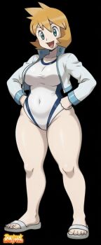 1girl :d belly blue_eyes breasts competition_swimsuit covered_navel cropped_jacket feet flip-flops green_eyes groin hands_on_own_hips highres huge_breasts jacket knees large_breasts legs long_sleeves looking_at_viewer misty_(pokemon) navel nintendo one-piece_swimsuit open_clothes open_jacket open_mouth orange_hair plump pokemon pokemon_gold/silver/crystal pokemon_heartgold_and_soulsilver portrait projectwetroid sandals short_hair smile solo sportswear standing swimsuit taut_clothes thick_thighs thighs third-party_edit toes white_jacket white_one-piece_swimsuit wide_hips
