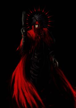 1boy absurdres arm_up black_background black_gloves black_hair cloak commentary crain1art english_commentary feet_out_of_frame final_fantasy final_fantasy_vii gloves gun headband highres holding holding_gun holding_weapon long_hair long_sleeves looking_at_viewer male_focus parted_hair red_cloak red_eyes red_headband simple_background solo standing vincent_valentine weapon