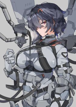 1girl absurdres bodysuit breasts breath buckle cowboy_shot gloves grey_bodysuit grey_hair hair_ornament harness highres large_breasts looking_at_viewer machinery mask mechanical_arms medium_hair mouth_mask original power_suit purple_eyes ringobatake science_fiction skin_tight snap-fit_buckle solo steam strap sweat unworn_mask