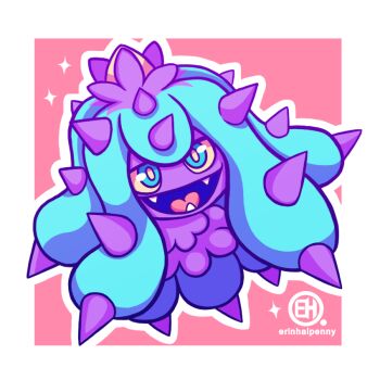 Rule 34 | artist logo, artist name, blue eyes, colored sclera, erinhalpennyart, fangs, gen 7 pokemon, logo, looking at viewer, mareanie, nintendo, no humans, open mouth, outline, pink background, pokemon, pokemon (creature), solo, sparkle, spikes, white outline, yellow sclera